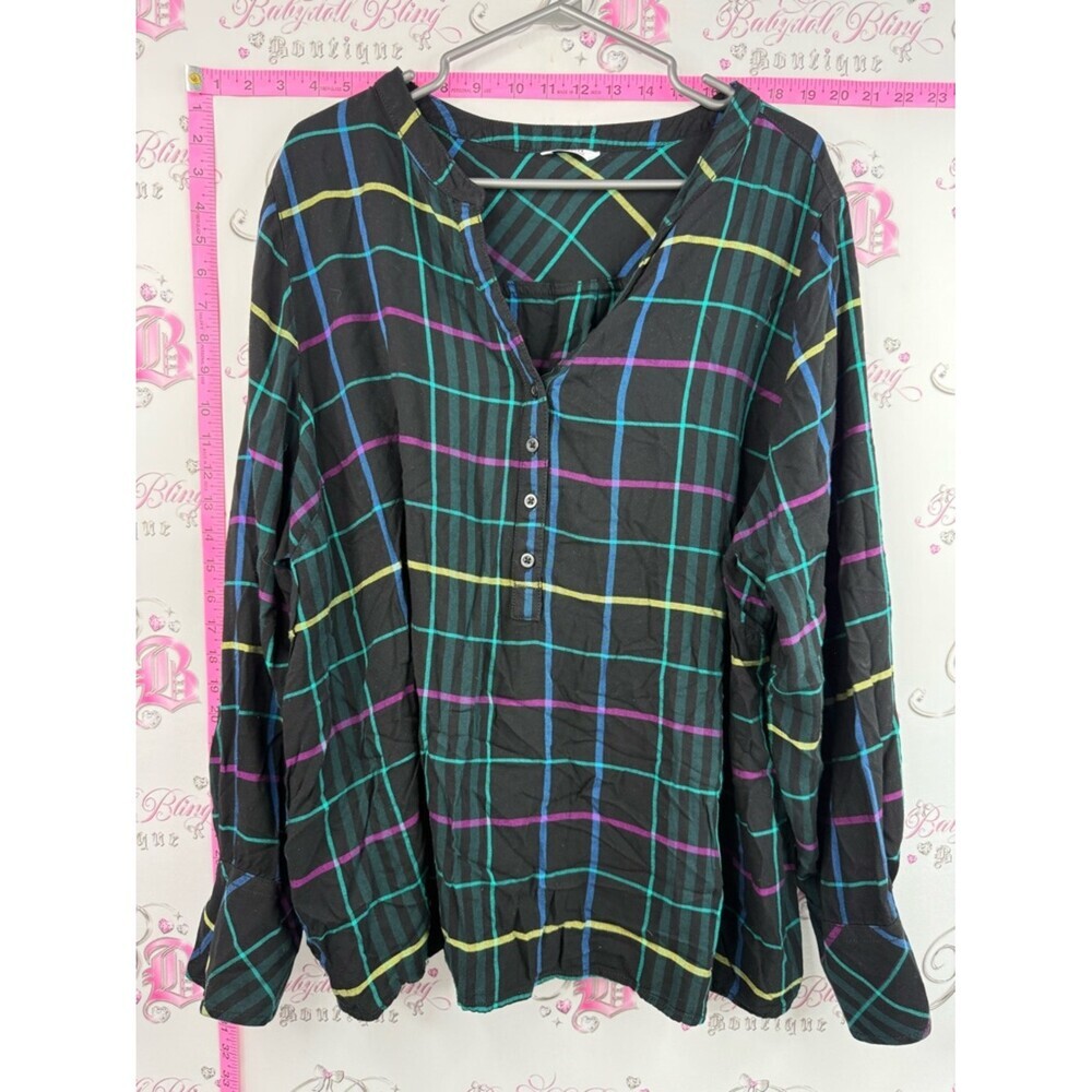 Pennington’s Black Plaid Button Henley Top with Teal, Purple & Yellow Stripes